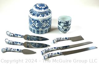 Blue & White Porcelain Sheffield Hostess Serving Set, Ginger Jar and Tea Cups