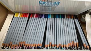 Collection of Art Supplies Including Watercolor Pencils, Acrylics, Brushes, Etc. 