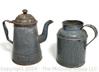 Two (2) Graniteware Enamel Coffee Pot and Pitcher