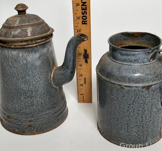 Two (2) Graniteware Enamel Coffee Pot and Pitcher