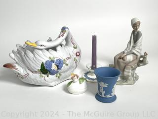 Porcelain Decorative Items Including Lladro 4576 Shepherdess Figurine, Wedgwood Vase and Candle Holder,  Italian Painted Swan Bowl. 