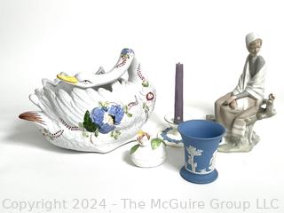 Porcelain Decorative Items Including Lladro 4576 Shepherdess Figurine, Wedgwood Vase and Candle Holder,  Italian Painted Swan Bowl. 