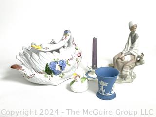 Porcelain Decorative Items Including Lladro 4576 Shepherdess Figurine, Wedgwood Vase and Candle Holder,  Italian Painted Swan Bowl. 