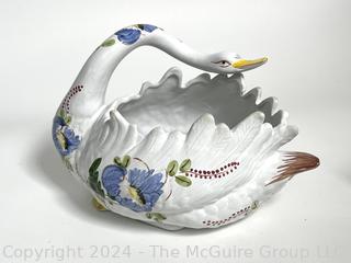 Porcelain Decorative Items Including Lladro 4576 Shepherdess Figurine, Wedgwood Vase and Candle Holder,  Italian Painted Swan Bowl. 