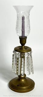 Candle Holder with Glass Shade and Crystal Prism Lustres. 21" Tall