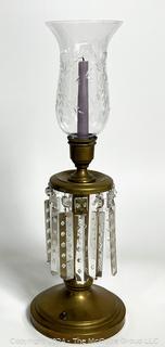 Candle Holder with Glass Shade and Crystal Prism Lustres. 21" Tall