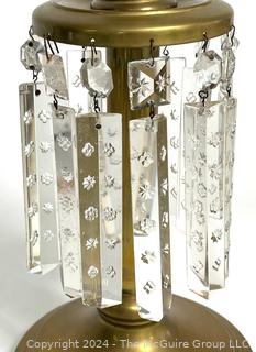 Candle Holder with Glass Shade and Crystal Prism Lustres. 21" Tall