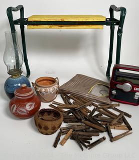 Garden Tools Including SOLARLINK Digital Emergency Radio, Kerosene Lamp, Wooden Cloth-pins & Planters 