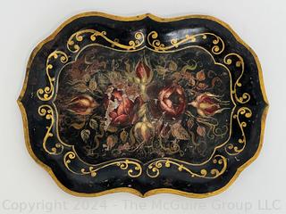 Hand Painted Tole Ware Scalloped Edge Metal Tray.  14" long.