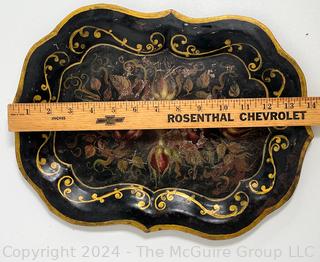 Hand Painted Tole Ware Scalloped Edge Metal Tray.  14" long.