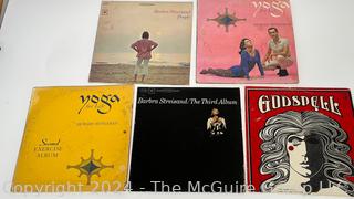 Five (5) Vinyl LP Record Albums: Streisand, Godspell, Yoga For Life, Hittleman