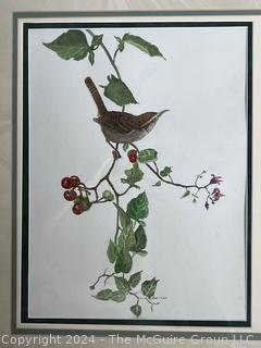 Framed Under Glass Pair of Watercolors of Birds on Branches Signed by Falls Church Artist Mildred Kemp.  24" x 33"