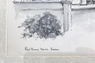 Two (2) Framed Under Glass Black & White Lithographs of Faneuil Hall & Paul Revere's House, Boston by Keenan.  14.5 x 17.5"