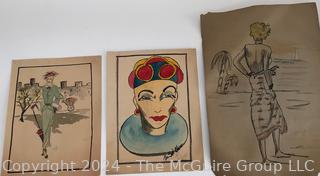 Three (3) Unframed Watercolor on Paper Fashion Studies byu Falls Church Artist Mildred Kemp