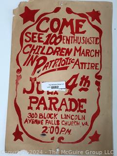 Vintage Hand Painted July 4th Patriotic Parade in Falls Church City Flyer Poster. 12 x 17.5" 