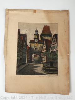 Unframed Rothenburg Ernst Geissendorfer Signed Colored Etching of Tauber Germany. 13 x 16.5" 