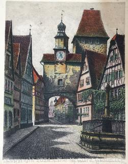 Unframed Rothenburg Ernst Geissendorfer Signed Colored Etching of Tauber Germany. 13 x 16.5" 