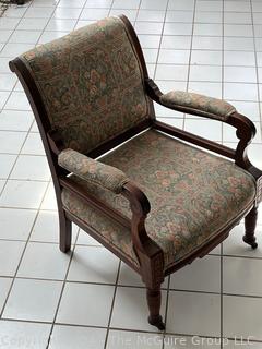 Chippendale Style Tapestry Upholstered Armchair. Measures 25w x 22d x 33h"