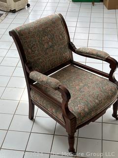 Chippendale Style Tapestry Upholstered Armchair. Measures 25w x 22d x 33h"