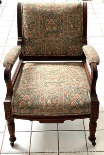 Chippendale Style Tapestry Upholstered Armchair. Measures 25w x 22d x 33h"