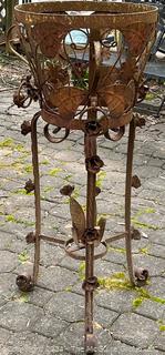 Ornate Weathered Metal Garden Standing Flower Pot Holder. 14.5 x 36"