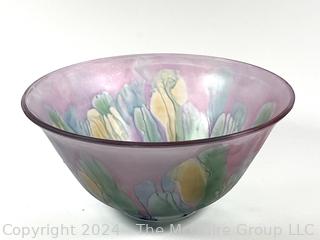 Painted Art Nouveau Glass Bowl in Purple. 10" Diameter