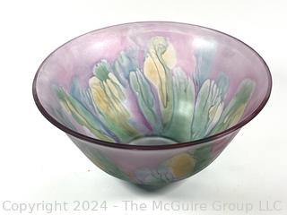 Painted Art Nouveau Glass Bowl in Purple. 10" Diameter