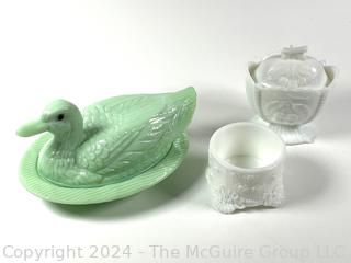 Jadeite Duck On Nest Lidded Dish and Milk Glass Cream & Sugar Bowl