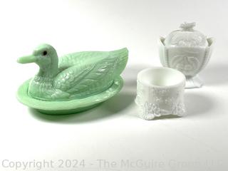 Jadeite Duck On Nest Lidded Dish and Milk Glass Cream & Sugar Bowl