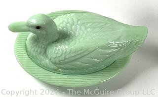 Jadeite Duck On Nest Lidded Dish and Milk Glass Cream & Sugar Bowl