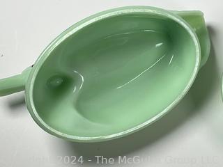 Jadeite Duck On Nest Lidded Dish and Milk Glass Cream & Sugar Bowl