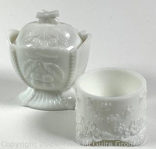 Jadeite Duck On Nest Lidded Dish and Milk Glass Cream & Sugar Bowl