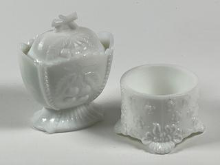 Jadeite Duck On Nest Lidded Dish and Milk Glass Cream & Sugar Bowl