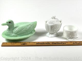 Jadeite Duck On Nest Lidded Dish and Milk Glass Cream & Sugar Bowl