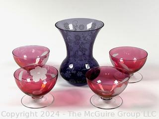 Etched Glassware Including Violet Vase and Four (4) Cranberry Footed Compotes