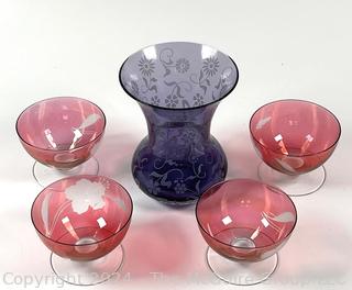 Etched Glassware Including Violet Vase and Four (4) Cranberry Footed Compotes