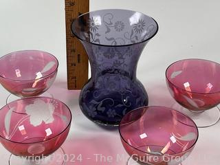 Etched Glassware Including Violet Vase and Four (4) Cranberry Footed Compotes