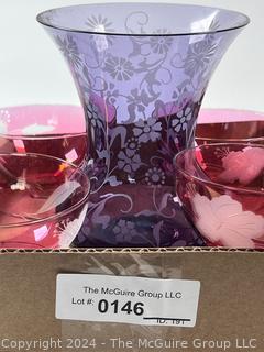 Etched Glassware Including Violet Vase and Four (4) Cranberry Footed Compotes