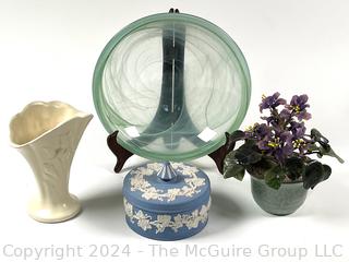 Glass Jade Tree, Wedgwood Covered Box, Ceramic Vase and Art Glass Plate