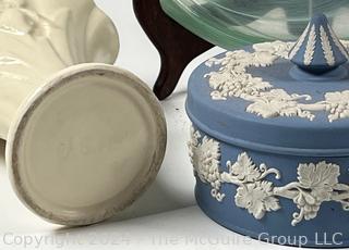 Glass Jade Tree, Wedgwood Covered Box, Ceramic Vase and Art Glass Plate