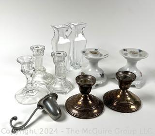 Group of Crystal, Porcelain and Weighted Sterling Silver Candle Stick Holders with Pewter Candle Snuffer