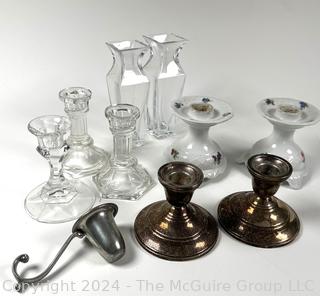 Group of Crystal, Porcelain and Weighted Sterling Silver Candle Stick Holders with Pewter Candle Snuffer