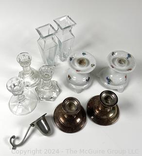 Group of Crystal, Porcelain and Weighted Sterling Silver Candle Stick Holders with Pewter Candle Snuffer