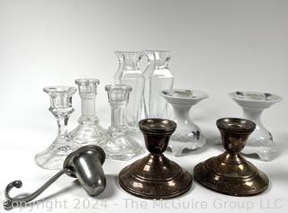 Group of Crystal, Porcelain and Weighted Sterling Silver Candle Stick Holders with Pewter Candle Snuffer