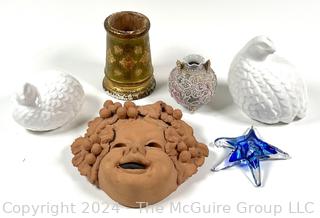 Collection of Decorative Items Including Florentine Cup, Italian Four Season Mask, Glass Star Paperweight and Porcelain Birds