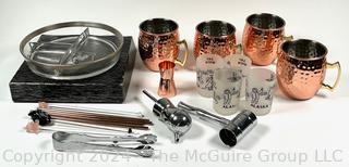 Bar Ware Including Swizzle Sticks, Jiggers, Humorous Shot Glasses and Copper Moscow Mule Mugs