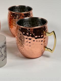 Bar Ware Including Swizzle Sticks, Jiggers, Humorous Shot Glasses and Copper Moscow Mule Mugs