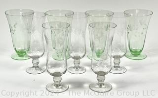 Nine (9) Etched Crystal Clear and Green Glass Goblets