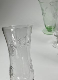 Nine (9) Etched Crystal Clear and Green Glass Goblets