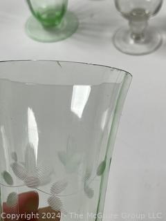 Nine (9) Etched Crystal Clear and Green Glass Goblets